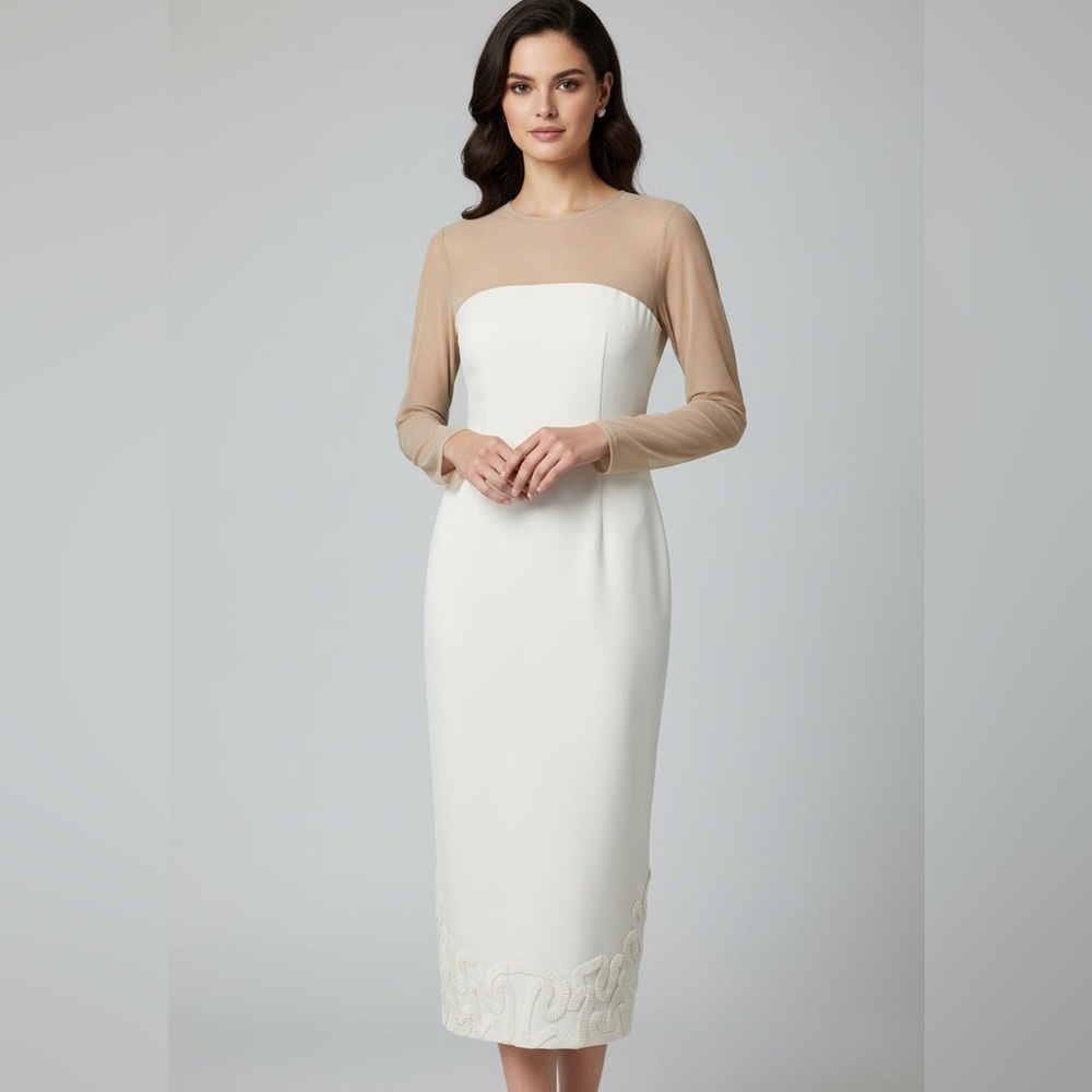 ANTONIO MELANI White Sheath Dress with Nude Illusion Yoke